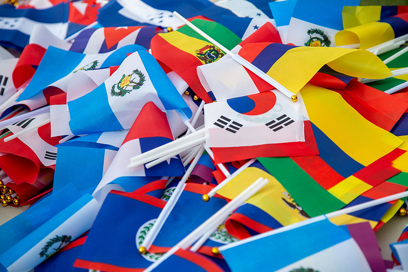 An array of colorful international flags