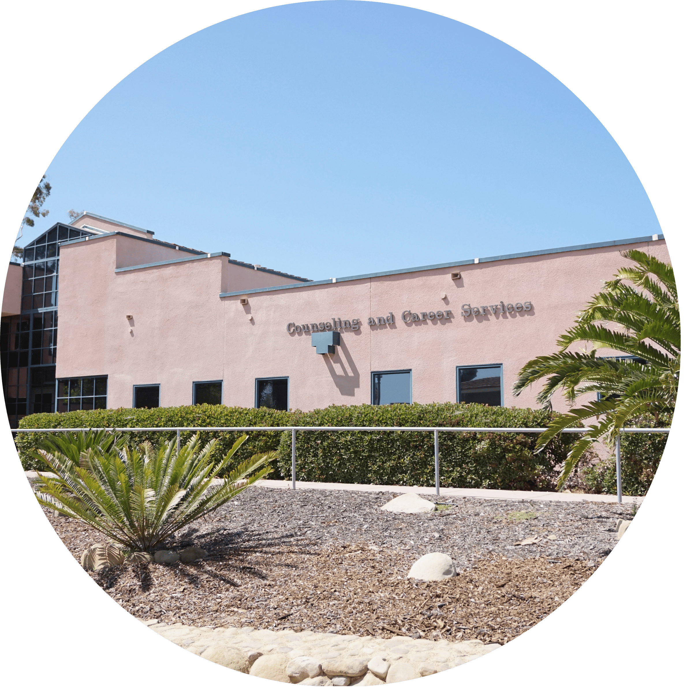 Image (in a circular frame) of the CAPS Building on the UCSB campus